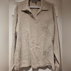 100% Linen Women's Beige Embroidered Blouse